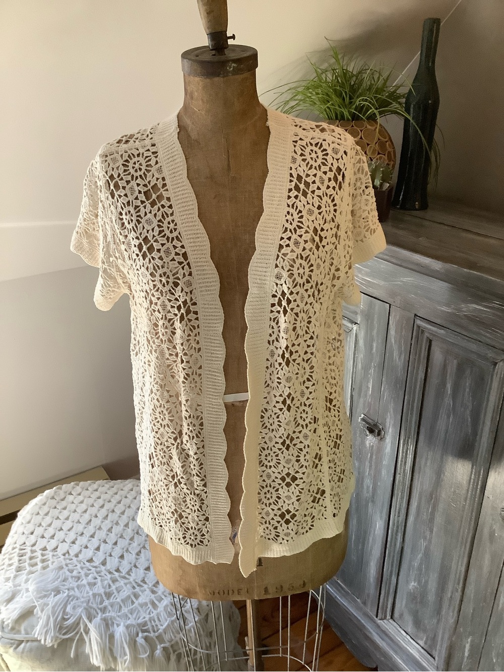Ninety Cream Crochet Openwork Short Sleeve Cardigan